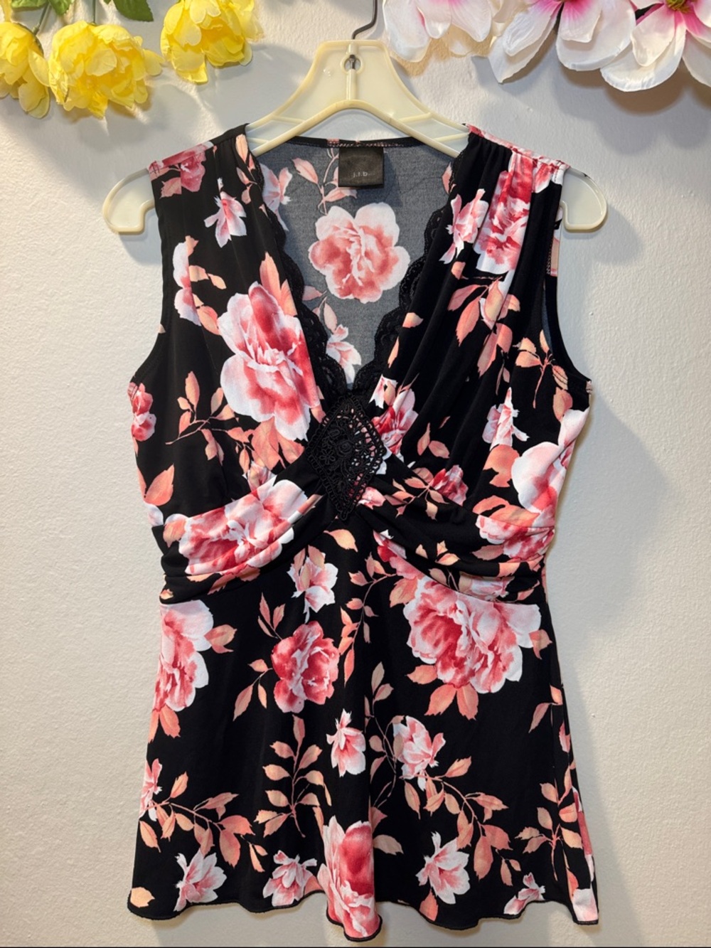 Sleeveless Black Floral V-Neck Blouse with Pink Roses